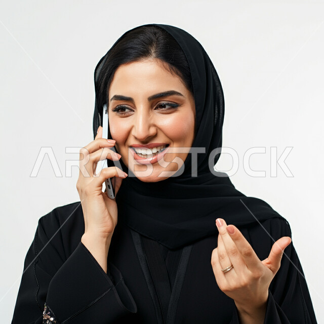 التواصل مع الأهل والأصدقاء، تعابير السعادة والسرور لسماع الأخبار المفرحة، بورتريه مقرب لامرأة عربية خليجية سعودية ترتدي العباءة تقوم بإجراء مكالمة هاتفية عبر الهاتف المحمول، رفع كف اليد بايماءات التساؤل عن شيء ما، استخدام التقنيات والأجهزة الحديثة، خلفية بيضاء