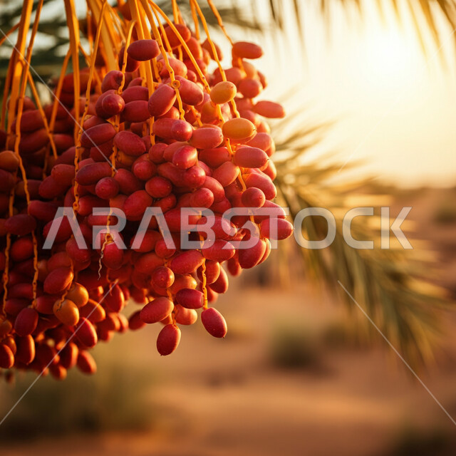 الاهتمام بالاشجار والنباتات الخضراء المثمرة، محمية طبيعية لزراعة أشجار النخيل في المملكة العربية السعودية، صورة مقربة لاغصان النخل المليئة بحبات الرطب، منتجات ومحاصيل زراعيه محلية وطنية