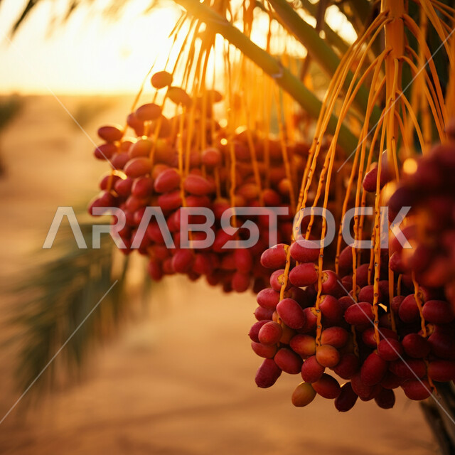 محمية طبيعية لزراعة أشجار النخيل في المملكة العربية السعودية، صورة مقربة لاغصان النخل المليئة بحبات الرطب، الاهتمام بالاشجار والنباتات الخضراء المثمرة، منتجات ومحاصيل زراعيه محلية وطنية