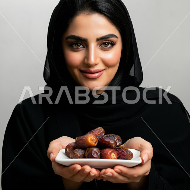 حسن الاستقبال وكرم الضيافة، عادات وتقاليد السعويين في اكرام الضيف، طبق زجاجي مليء بالتمور، محاصيل زراعية وطنية محلية، بورتريه مقرب لامرأة عربية خليجية سعودية ترتدي العباءة تحمل صحن من التمر السكري اللذيذ، خلفية بيضاء