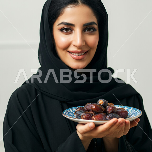 عادات وتقاليد السعويين في اكرام الضيف، طبق زجاجي مليء بالتمور، محاصيل زراعية وطنية محلية، حسن الاستقبال وكرم الضيافة، بورتريه مقرب لامرأة عربية خليجية سعودية ترتدي العباءة تحمل صحن من التمر السكري اللذيذ، خلفية بيضاء