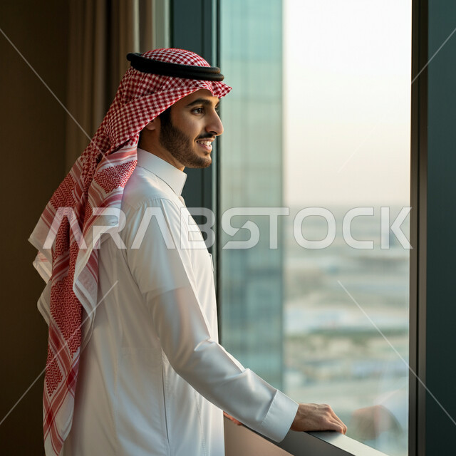 The concept of elegance and interest in external appearance, a side view of a Saudi Arabian Gulf man wearing the traditional thobe and shemagh standing in front of a glass facade, looking at the development and urban progress in the Kingdom of Saudi Arabia, elegance, strength and masculinity