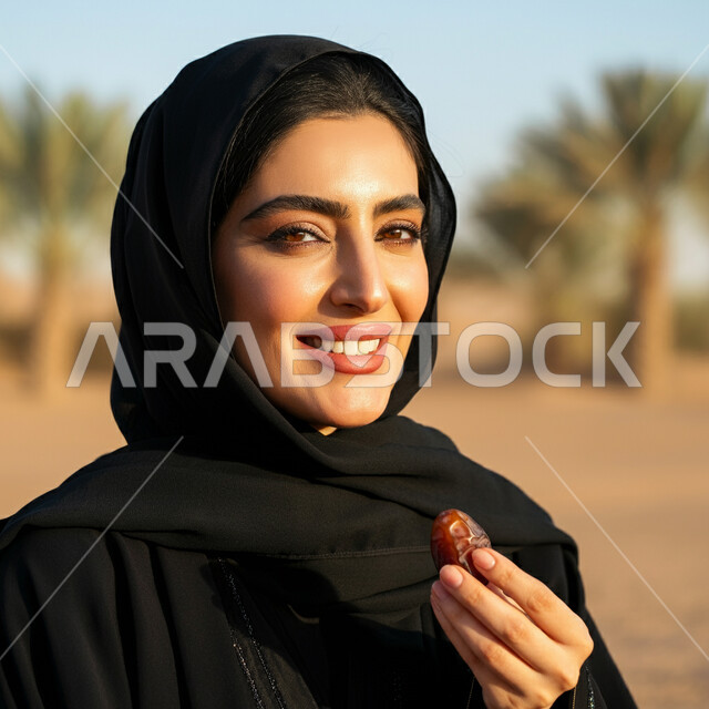 وجبة ذات قيمة غذائية عالية، التمور السكرية الشهية، محاصيل زراعية وطنية محلية، صورة مقربة لامرأة عربية خليجية سعودية محجبة ترتدي عباءة سوداء تقوم بتناول التمر الطازج، سناكات طبيعية صحية
