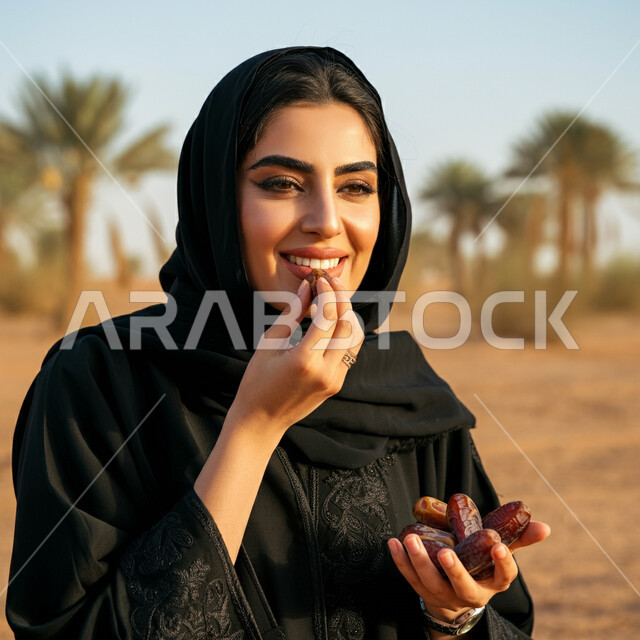التمور السكرية الشهية، محاصيل زراعية وطنية محلية، صورة مقربة لامرأة عربية خليجية سعودية محجبة ترتدي عباءة سوداء تقوم بتناول التمر الطازج، وجبة ذات قيمة غذائية عالية، سناكات طبيعية صحية