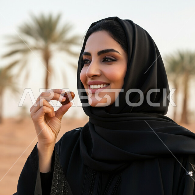 محاصيل زراعية وطنية محلية، صورة مقربة لامرأة عربية خليجية سعودية محجبة ترتدي عباءة سوداء تقوم بتناول التمر الطازج، التمور السكرية الشهية، وجبة ذات قيمة غذائية عالية، سناكات طبيعية صحية