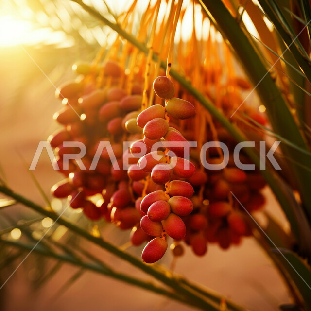 الاهتمام بالاشجار والنباتات الخضراء المثمرة، محمية طبيعية لزراعة أشجار النخيل في المملكة العربية السعودية، صورة مقربة لاغصان النخل المليئة بحبات الرطب، منتجات ومحاصيل زراعيه محلية وطنية