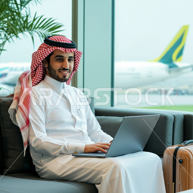 Spending a pleasant summer vacation, concept of tourist flights, smiling Saudi Arabian Gulf businessman wearing traditional Saudi thobe inside the waiting lounge at the airport, getting work done on a laptop, preparing to travel on a business trip, importance of tourism in the Kingdom of Saudi Arabia