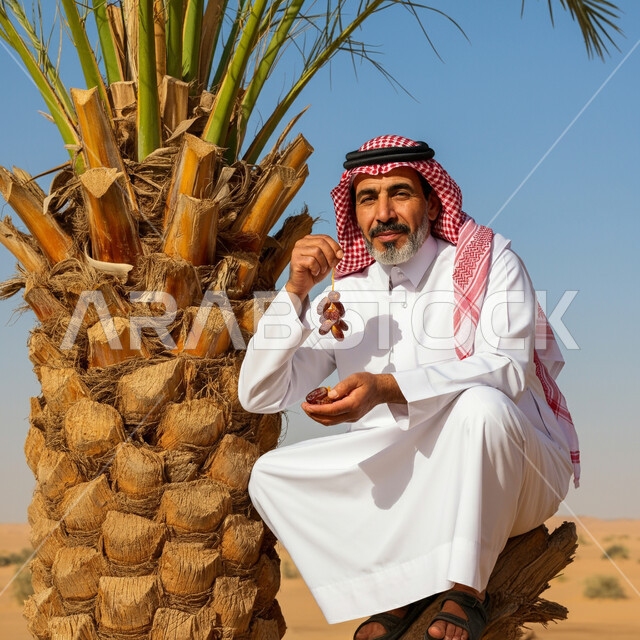 التمور السكرية الشهية، وجبة ذات قيمة غذائية عالية، سناكات طبيعية صحية، محاصيل زراعية وطنية محلية، صورة مقربة لرجل عربي خليجي سعودي يرتدي الثوب التقليدي والشماغ يحمل حبات من التمر الطازج