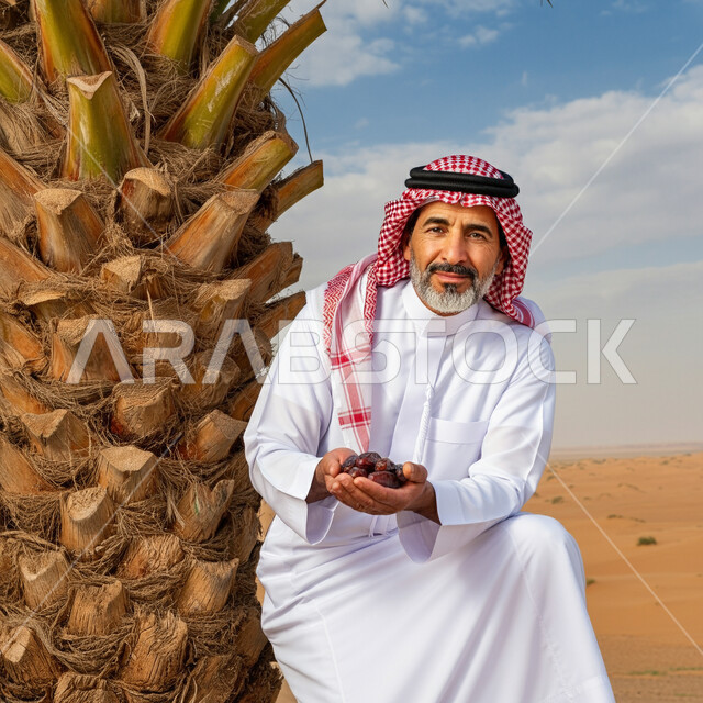 وجبة ذات قيمة غذائية عالية، سناكات طبيعية صحية، محاصيل زراعية وطنية محلية، صورة مقربة لرجل عربي خليجي سعودي يرتدي الثوب التقليدي والشماغ يحمل حبات من التمر الطازج، التمور السكرية الشهية