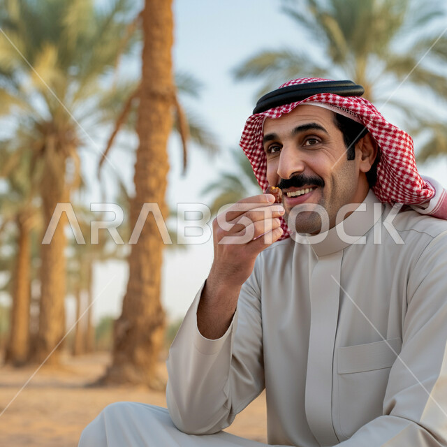 سناكات طبيعية صحية، وجبة ذات قيمة غذائية عالية، محاصيل زراعية وطنية محلية، صورة مقربة لرجل عربي خليجي سعودي يرتدي الثوب التقليدي والشماغ يقوم بتناول التمر الطازج، التمور السكرية الشهية