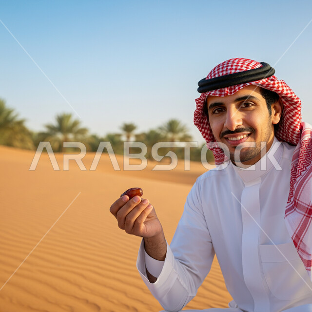 وجبة ذات قيمة غذائية عالية، محاصيل زراعية وطنية محلية، صورة مقربة لرجل عربي خليجي سعودي يرتدي الثوب التقليدي والشماغ يقوم بتناول التمر الطازج، التمور السكرية الشهية، سناكات طبيعية صحية