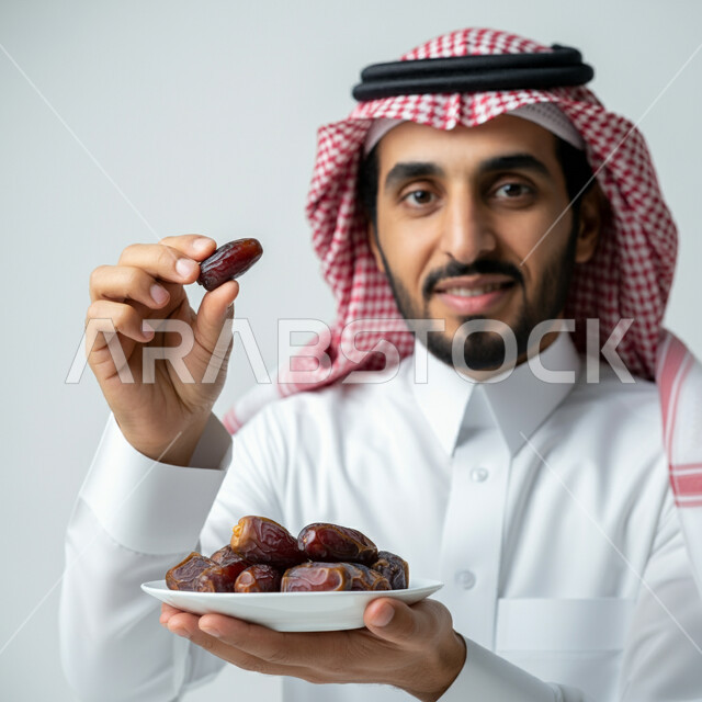 حسن الاستقبال وكرم الضيافة، عادات وتقاليد سعودية في اكرام الضيف، طبق زجاجي مليء بالتمور، محاصيل زراعية وطنية محلية، بورتريه مقرب لرجل عربي خليجي سعودي يرتدي الثوب التقليدي والغترة يحمل بيده صحن من التمر السكري اللذيذ، خلفية بيضاء