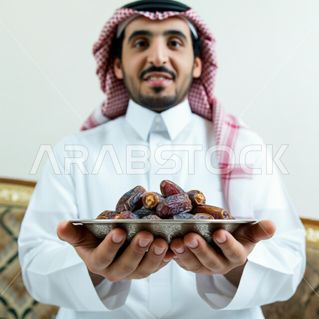 حسن الاستقبال وكرم الضيافة، عادات وتقاليد سعودية في اكرام الضيف، طبق زجاجي مليء بالتمور، محاصيل زراعية وطنية محلية، بورتريه مقرب لرجل عربي خليجي سعودي يرتدي الثوب التقليدي والغترة يحمل بيده صحن من التمر السكري اللذيذ، خلفية بيضاء