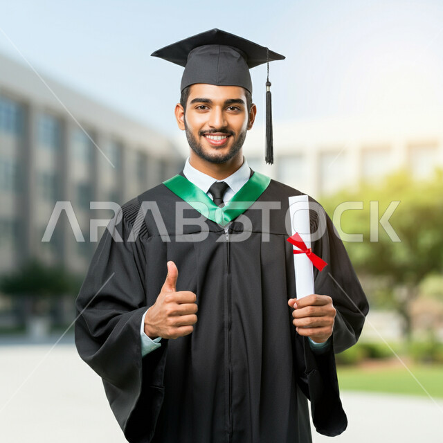 تعابير القبول والموافقة، الاحتفال بإنهاء الدراسة الجامعية، صورة مقربة لطالب عربي خليجي سعودي يرتدي عباءه وقبعة التخرج يحمل الشهادة يرفع اصبع الابهام للأعلى بإيماءات الرضا والسرور، الشعور بالفخر والثقة بالنفس، مفهوم الاجتهاد والتفوق