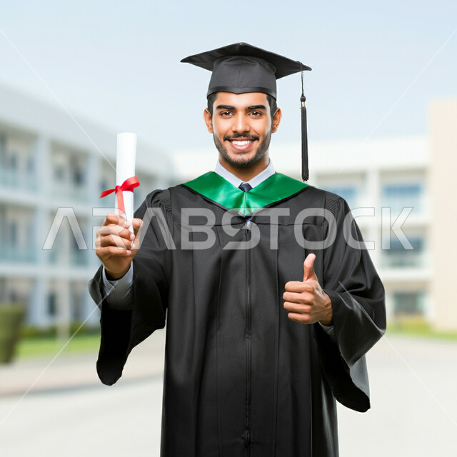 الشعور بالفخر والثقة بالنفس، الاحتفال بإنهاء الدراسة الجامعية، تعابير القبول والموافقة، صورة مقربة لطالب عربي خليجي سعودي يرتدي عباءه وقبعة التخرج يحمل الشهادة يرفع اصبع الابهام للأعلى بإيماءات الرضا والسرور، مفهوم الاجتهاد والتفوق