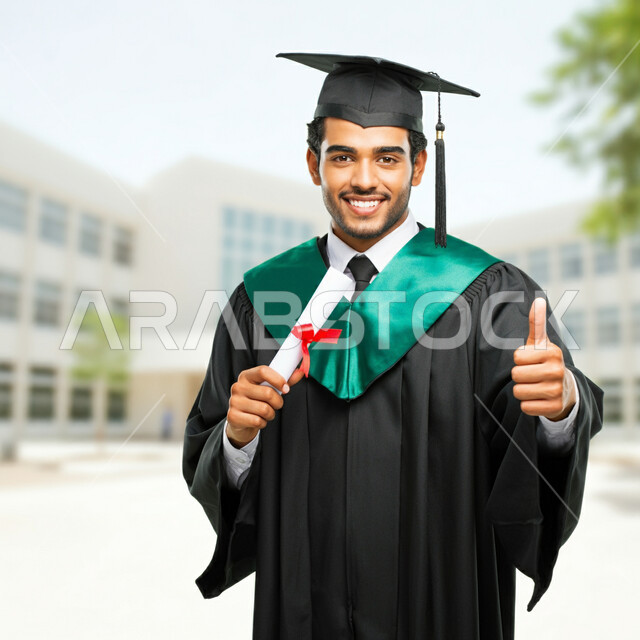 مفهوم الاجتهاد والتفوق، الشعور بالفخر والثقة بالنفس، الاحتفال بإنهاء الدراسة الجامعية، تعابير القبول والموافقة، صورة مقربة لطالب عربي خليجي سعودي يرتدي عباءه وقبعة التخرج يحمل الشهادة يرفع اصبع الابهام للأعلى بإيماءات الرضا والسرور