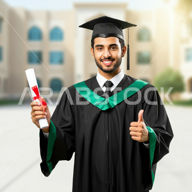 الاحتفال بإنهاء الدراسة الجامعية، تعابير القبول والموافقة، صورة مقربة لطالب عربي خليجي سعودي يرتدي عباءه وقبعة التخرج يحمل الشهادة يرفع اصبع الابهام للأعلى بإيماءات الرضا والسرور، الشعور بالفخر والثقة بالنفس، مفهوم الاجتهاد والتفوق