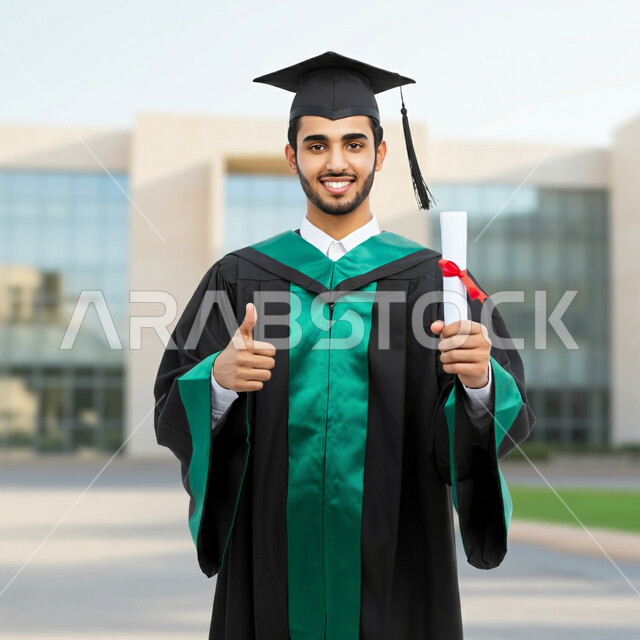 تعابير القبول والموافقة، الاحتفال بإنهاء الدراسة الجامعية، صورة مقربة لطالب عربي خليجي سعودي يرتدي عباءه وقبعة التخرج يحمل الشهادة يرفع اصبع الابهام للأعلى بإيماءات الرضا والسرور، الشعور بالفخر والثقة بالنفس، مفهوم الاجتهاد والتفوق