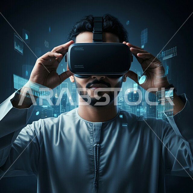 الإندماج ومحاكاة العالم الخيالي، المتعة والتسلية بالمشاهدة عبر نظارة الواقع الافتراضي، صورة مقربة لرجل عربي خليجي اماراتي يرتدي الكندورة الاماراتية يضع نظارات ثلاثية الأبعاد، استخدام التقنية والاجهزة الحديثة، خلفية رسوم ورموز هولوجرامية ثلاثية الابعاد