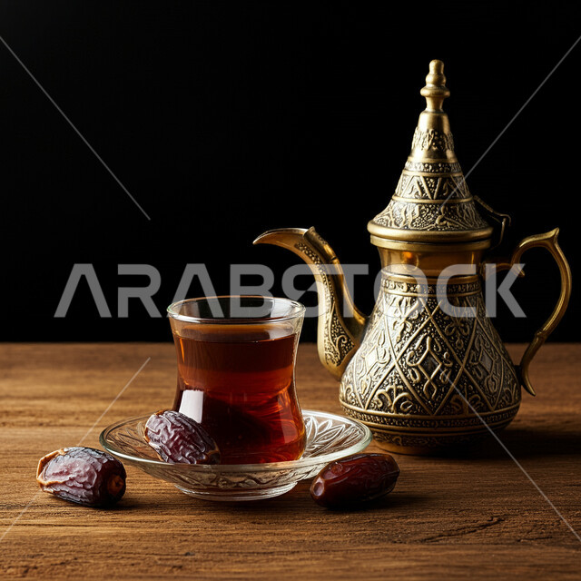 منتجات محلية وطنية, كرم الضيافة وحسن الاستقبال في المملكة العربية السعودية، الاستمتاع بالمشروبات الساخنة, أصالة العادات والتقاليد, دلة نحاسية مزخرفة بجانب كوب من الشاي مع التمر الشهي، خلفية سوداء
