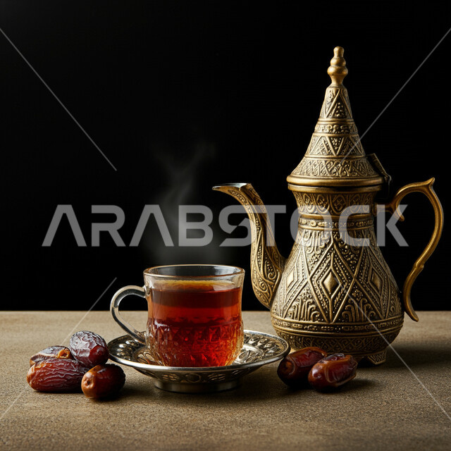كرم الضيافة وحسن الاستقبال في المملكة العربية السعودية، الاستمتاع بالمشروبات الساخنة, أصالة العادات والتقاليد, دلة نحاسية مزخرفة بجانب كوب من الشاي مع التمر الشهي، منتجات محلية وطنية, خلفية سوداء