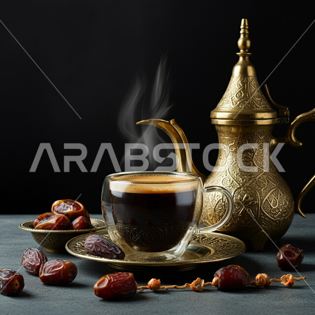 الاستمتاع بالمشروبات الساخنة, كرم الضيافة وحسن الاستقبال في المملكة العربية السعودية، أصالة العادات والتقاليد, دلة نحاسية مزخرفة بجانب فنجان من القهوة العربية الخليجية مع التمر الشهي، منتجات محلية وطنية, خلفية سوداء