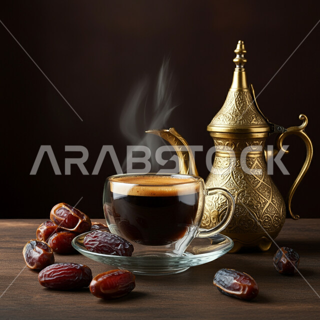 أصالة العادات والتقاليد, دلة نحاسية مزخرفة بجانب فنجان من القهوة العربية الخليجية مع التمر الشهي، الاستمتاع بالمشروبات الساخنة, منتجات محلية وطنية, كرم الضيافة وحسن الاستقبال في المملكة العربية السعودية، خلفية سوداء