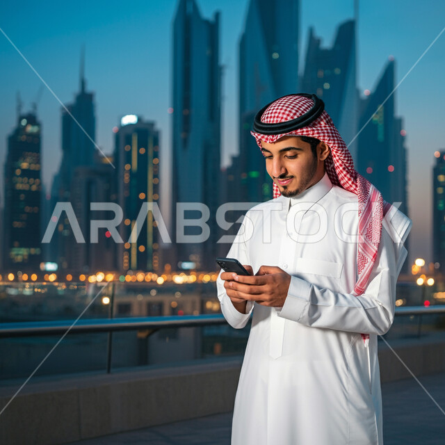 تصفح مواقع التواصل الاجتماعي، دمج التقنية والتكنولوجيا في الحياة اليومية والعملية، رجل عربي خليجي سعودي مبتسم يرتدي الثوب التقليدي والشماغ يقوم باستخدام الهاتف المحمول، النمو والتطور العمراني في المملكة العربية السعودية، خلفية الابراج وناطحات السحاب في الرياض