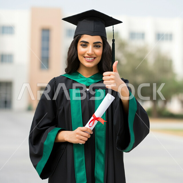 الاحتفال بإنهاء الدراسة الجامعية، الشعور بالفخر والثقة بالنفس، مفهوم الاجتهاد والتفوق، تعابير القبول والموافقة، صورة مقربة لطالبة عربية خليجية سعودية ترتدي عباءه وقبعة التخرج تحمل الشهادة ترفع اصبع الابهام للأعلى بإيماءات الرضا والسرور