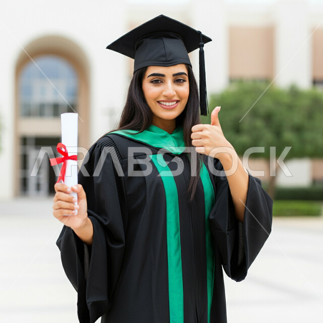 الشعور بالفخر والثقة بالنفس، مفهوم الاجتهاد والتفوق، الاحتفال بإنهاء الدراسة الجامعية، تعابير القبول والموافقة، صورة مقربة لطالبة عربية خليجية سعودية ترتدي عباءه وقبعة التخرج تحمل الشهادة ترفع اصبع الابهام للأعلى بإيماءات الرضا والسرور