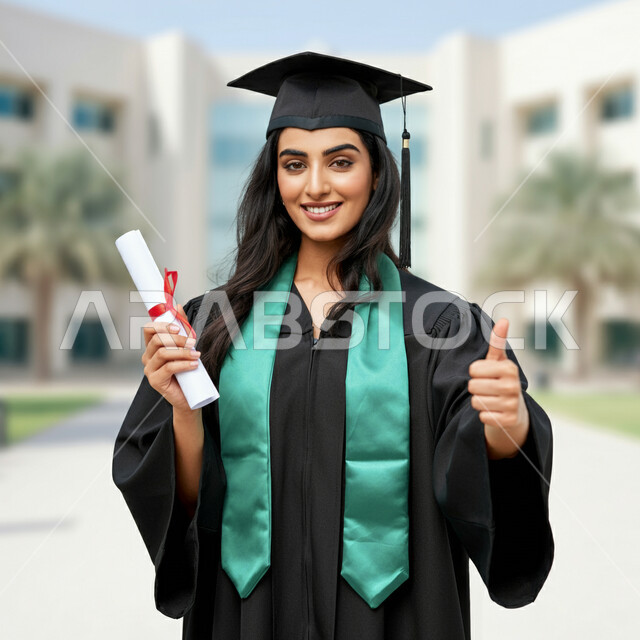 مفهوم الاجتهاد والتفوق، الشعور بالفخر والثقة بالنفس، الاحتفال بإنهاء الدراسة الجامعية، تعابير القبول والموافقة، صورة مقربة لطالبة عربية خليجية سعودية ترتدي عباءه وقبعة التخرج تحمل الشهادة ترفع اصبع الابهام للأعلى بإيماءات الرضا والسرور