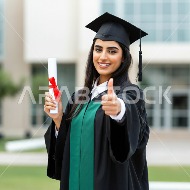 مفهوم الاجتهاد والتفوق، الشعور بالفخر والثقة بالنفس، الاحتفال بإنهاء الدراسة الجامعية، تعابير القبول والموافقة، صورة مقربة لطالب عربي خليجي سعودي يرتدي عباءه وقبعة التخرج يحمل الشهادة يرفع اصبع الابهام للأعلى بإيماءات الرضا والسرور