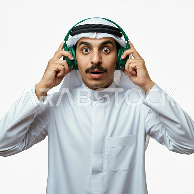 ايماءات الاستغراب وعدم التصديق، استخدام الاجهزة الحديثة والتكنولوجيا، مفهوم الاصغاء والاستماع، بورتريه مقرب لرجل عربي خليجي سعودي يرتدي الثوب التقليدي والغترة يضع سماعات الراس بتعابير الاندهاش، خيبة الامل والمشاعر السلبية، استخدام تقنية الهيدفون، خلفية بيضاء