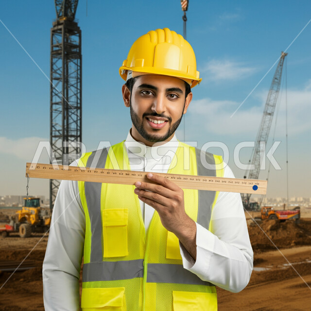 التطور العمراني على أيدي أبناء الوطن، الخطط والمشاريع الهندسية المعمارية في موقع العمل، صورة مقربة لمهندس عربي خليجي سعودي يقف باستقامة يرتدي الخوذة وسترة الحماية يمسك مسطرة خشبية ينظر إلى الكاميرا بإيماءات الثقة بالنفس، إنجاز مهام العمل ومتابعة سير المشروع