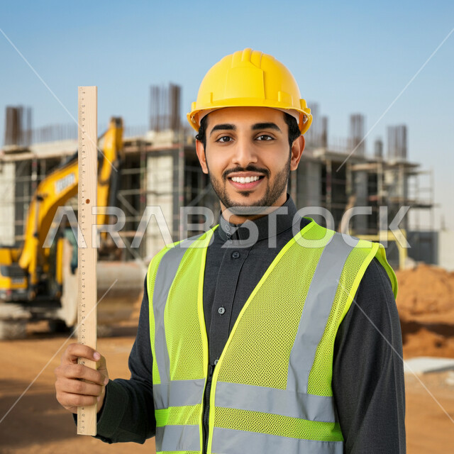 الخطط والمشاريع الهندسية المعمارية في موقع العمل، صورة مقربة لمهندس عربي خليجي سعودي يقف باستقامة يرتدي الخوذة وسترة الحماية يمسك مسطرة خشبية ينظر إلى الكاميرا بإيماءات الثقة بالنفس، إنجاز مهام العمل ومتابعة سير المشروع، التطور العمراني على أيدي أبناء الوطن