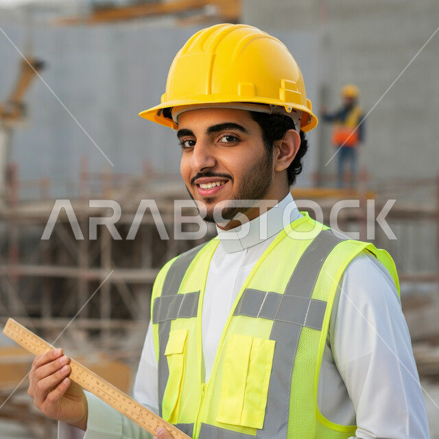 Completing work tasks and following up on the progress of the project, architectural engineering plans and projects on the work site, close-up of a Saudi Arabian Gulf engineer standing straight wearing a helmet and a protective vest holding a wooden ruler looking at the camera with gestures of self-confidence, urban development by the hands of the sons of the homeland
