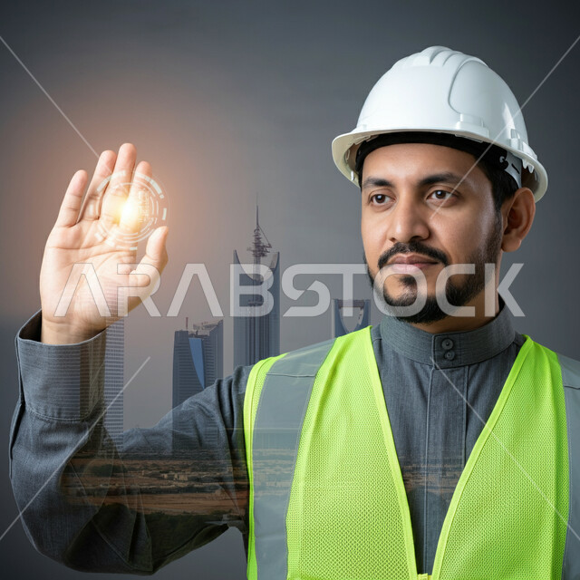 محاولة النقر على بيانات هولوجرامية، إنجاز مهام العمل ومتابعة سير المشروع، الخطط والمشاريع الهندسية المعمارية، صورة مقربة لمهندس عربي خليجي سعودي يرتدي الخوذة وسترة الحماية يرفع يده للأعلى، النمو والتطور العمراني على أيدي أبناء الوطن، خلفية الأبراج وناطحات السحاب