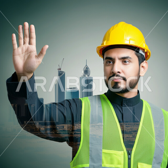 إنجاز مهام العمل ومتابعة سير المشروع، الخطط والمشاريع الهندسية المعمارية في موقع العمل، صورة مقربة لمهندس عربي خليجي سعودي يرتدي الخوذة وسترة الحماية يرفع يده للأعلى، النمو والتطور العمراني على أيدي أبناء الوطن، خلفية الأبراج وناطحات السحاب
