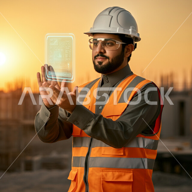 مهن ووظائف سعودية، صورة مقربة لمهندس عربي خليجي سعودي يرتدي خوذة الحماية وسترة الوقاية والنظارة الطبية يحمل بيديه عنصر هولوجرامي، متابعة الأعمال والإشراف عليها عن قرب، الاستفادة من التقنيات الحديثة والتكنولوجيا في الهندسة