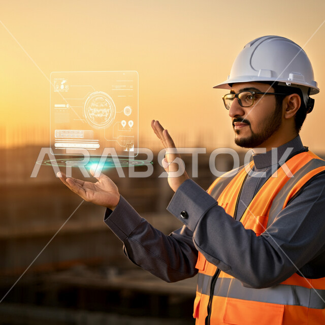 متابعة الأعمال والإشراف عليها عن قرب، الاستفادة من التقنيات الحديثة والتكنولوجيا في الهندسة، صورة مقربة لمهندس عربي خليجي سعودي يرتدي خوذة الحماية وسترة الوقاية والنظارة الطبية يحمل بيديه عنصر هولوجرامي، مهن ووظائف سعودية