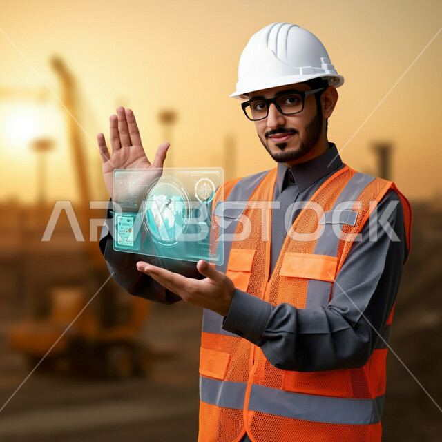 Utilizing modern techniques and technology in engineering, close-up image of a Saudi Arabian Gulf engineer wearing a protective helmet, safety vest and eyeglasses holding a holographic element in his hands, closely following and supervising work, Saudi professions and jobs