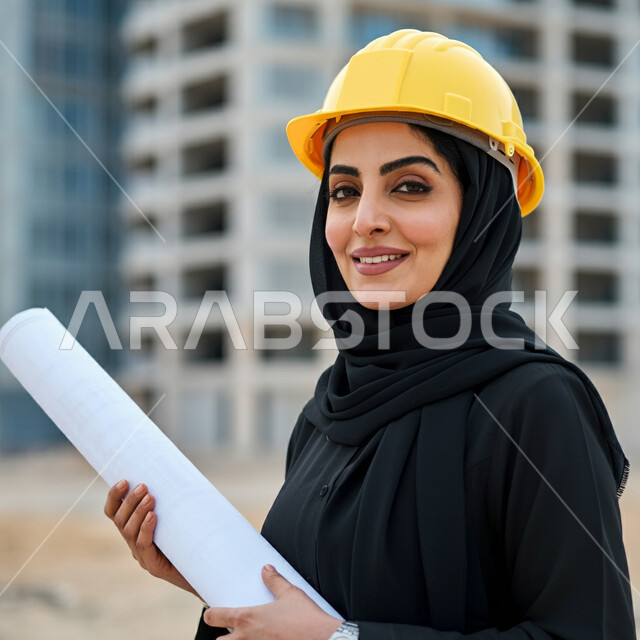 Saudi Arabia's development in the field of engineering and construction at the hands of the sons of the nation, completing work tasks and following up on the progress of the project, a close-up photo of a veiled Saudi Arabian Gulf engineer wearing a protective helmet, holding construction plans in her hand, looking at the camera with gestures of confidence and pride, following up on engineering work