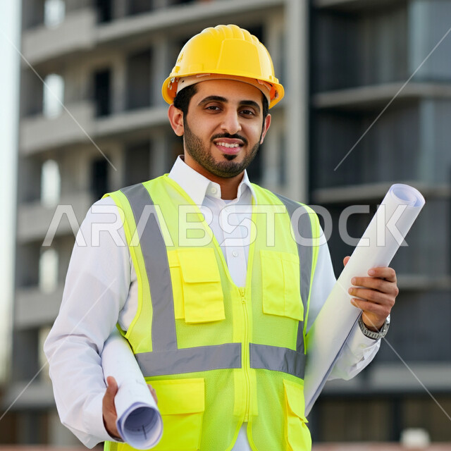 التطور العمراني على أيدي أبناء الوطن، الخطط والمشاريع الهندسية المعمارية في موقع العمل، صورة مقربة لمهندس عربي خليجي سعودي يقف باستقامة يرتدي الخوذة وسترة الحماية يحمل المخططات ينظر إلى الكاميرا بإيماءات الثقة بالنفس، إنجاز مهام العمل ومتابعة سير المشروع