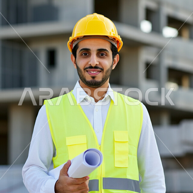 Architectural engineering plans and projects on site, close-up of a Saudi Arabian Gulf engineer standing straight wearing a helmet and a safety vest holding plans looking at the camera with confident gestures, urban development by the sons of the homeland, completing work tasks and following up on the progress of the project
