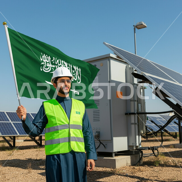 يوم العلم 11 مارس، الإشراف والتدقيق على الألواح الشمسية، مهندس عربي خليجي سعودي يرتدي الخوذة وسترة الحماية يحمل علم المملكة العربية السعودية ينظر إلى شيء ما بإيماءات الفخر، إنتاج وتوفير الكهرباء من الشمس والرياح، اليوم الوطني السعودي 23 سبتمبر