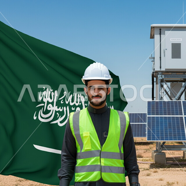 الإشراف والتدقيق على الألواح الشمسية، صورة مقربة لمهندس عربي خليجي سعودي يرتدي الخوذة وسترة الحماية يحمل علم المملكة العربية السعودية ينظر إلى الكاميرا بإيماءات الفخر، إنتاج وتوفير الكهرباء من الشمس والرياح، يوم العلم 11 مارس، اليوم الوطني السعودي 23 سبتمبر