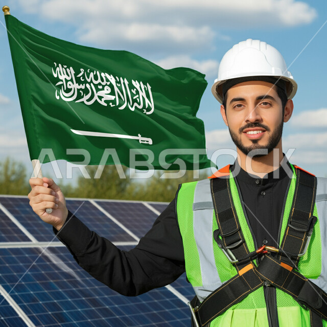إنتاج وتوفير الكهرباء من الشمس والرياح، الإشراف والتدقيق على الألواح الشمسية، صورة مقربة لمهندس عربي خليجي سعودي يرتدي الخوذة وسترة الحماية يحمل علم المملكة العربية السعودية ينظر إلى الكاميرا بإيماءات الفخر، يوم العلم 11 مارس، اليوم الوطني السعودي 23 سبتمبر