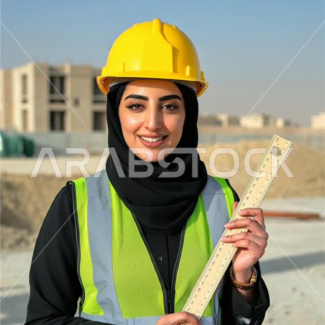 مشاركة النساء السعوديات في مجال الصناعة والهندسة، مهن ووظائف نسائية، العمل في القطاع الهندسي، صورة مقربة لمهندسة عربية خليجية سعودية محجبة ترتدي الخوذة وسترة الحماية تحمل مسطرة خشبية تنظر إلى الكاميرا بإيماءات الثقة والفخر, إنجاز المهام ومتابعة سير المشروع