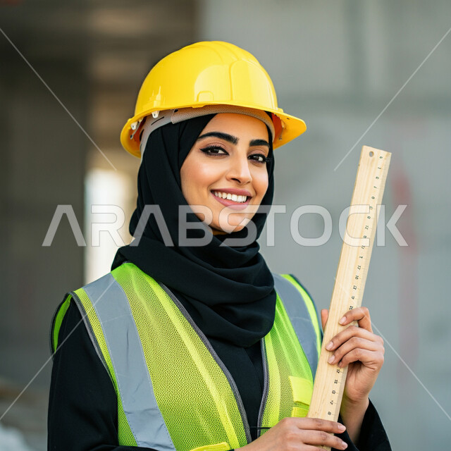 مهن ووظائف نسائية، العمل في القطاع الهندسي، صورة مقربة لمهندسة عربية خليجية سعودية محجبة ترتدي الخوذة وسترة الحماية تحمل مسطرة خشبية تنظر إلى الكاميرا بإيماءات الثقة والفخر, مشاركة النساء السعوديات في مجال الصناعة والهندسة، إنجاز المهام ومتابعة سير المشروع