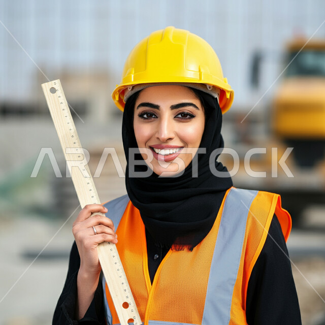 العمل في القطاع الهندسي، صورة مقربة لمهندسة عربية خليجية سعودية محجبة ترتدي الخوذة وسترة الحماية تحمل مسطرة خشبية تنظر إلى الكاميرا بإيماءات الثقة والفخر, مشاركة النساء السعوديات في مجال الصناعة والهندسة، مهن ووظائف نسائية، إنجاز المهام ومتابعة سير المشروع
